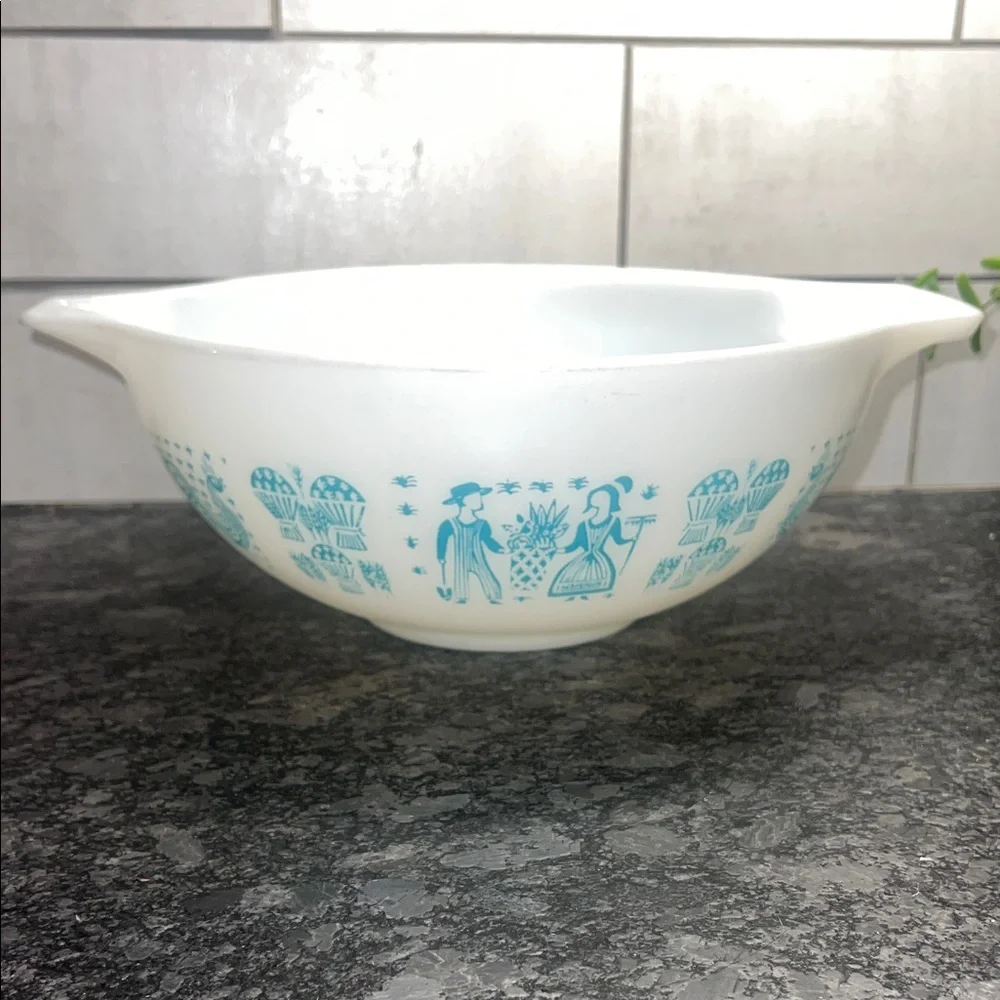 Vintage White Butterprint Pyrex Cinderella Mixing Bowl w/Blue Folk Art Design